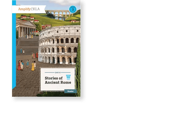 Illustrated book cover titled "Stories of Ancient Rome" by Amplify CKLA, featuring Roman architecture and people in ancient attire with hills and aqueducts in the background.