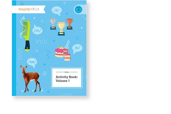 Blue book cover titled "Skills Activity Book: Volume 1" with images of a comb, trophies, cake, and a deer. It includes the Amplify CKLA logo at the top left corner.