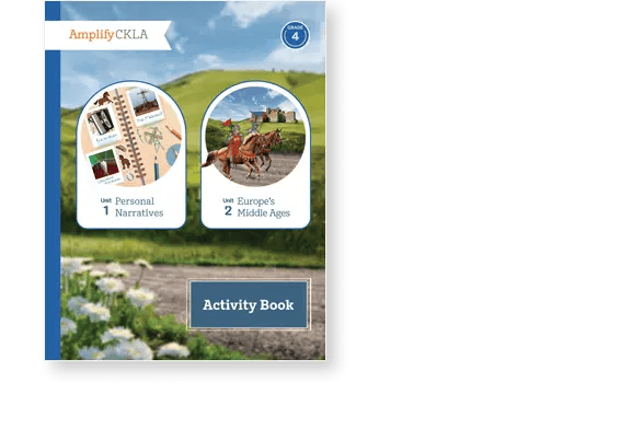 Cover of an activity book titled "Amplify CKLA," with images depicting "Personal Narratives" and "Europe's Middle Ages" against a meadow background. Grade 4 indicated at the top.