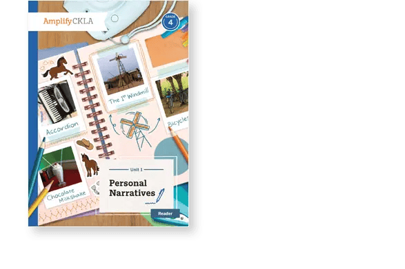 Textbook cover titled "Personal Narratives" with spiral binding, featuring images of an accordion, bike, windmill, chocolate milkshake, and crayons. Angle of view shows part of a rotary phone.