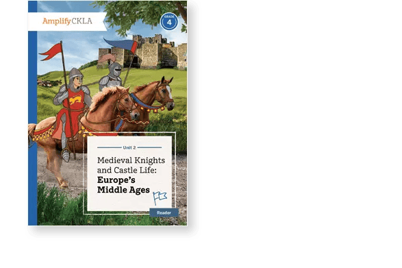 Book cover featuring two knights on horses with flags, in a medieval setting. Title: "Medieval Knights and Castle Life: Europe’s Middle Ages.” Grade 4, Unit 2.