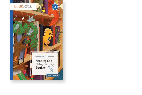 Book cover for "Meaning and Metaphor: Poetry" showing a tree, a book, and a horse silhouette, with colorful elements like leaves and stars on a bookshelf. Grade 4, Unit 3, Amplify CKLA.