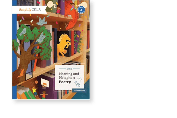 Amplify CKLA Grade 4 book cover titled "Meaning and Metaphor: Poetry" features an illustration of a bookshelf with colorful books, a tree, and mythical creatures.