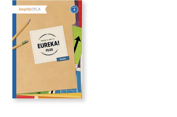 A book cover titled "Grade 4 Unit 4: Eureka! Files, Reader" with pencils and colorful tabs.
