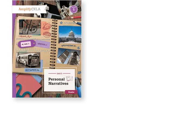 Cover of "Personal Narratives" reader for Grade 5, featuring images of a bicycle, postcards from Miami, Montgomery bus, U.S. Capitol, and a space shuttle. Colorful stationery surrounds the book.