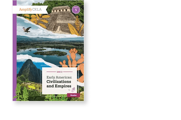 Textbook cover titled "Early Americas: Civilizations and Empires" with images of a pyramid, a landscape, and plants. Part of a Grade 5 curriculum by Amplify CKLA.