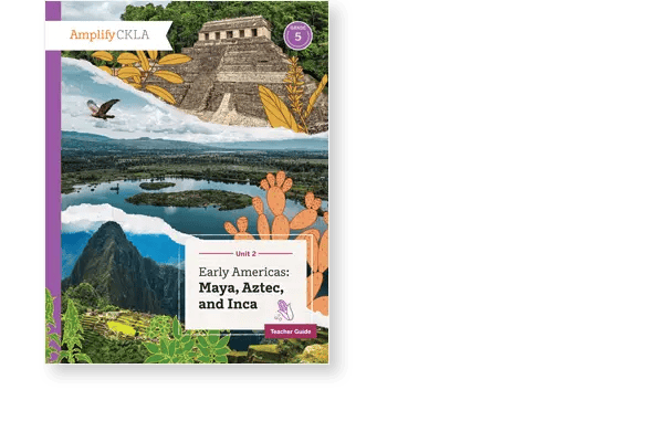 Book cover featuring illustrations of ancient structures, landscapes, and plants with the title "Early Americas: Maya, Aztec, and Inca" on top.