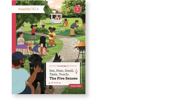 Children and adults engaging in various outdoor activities, such as playing instruments and picnicking, in a park; cover of "See, Hear, Smell, Taste, Touch: The Five Senses" teacher guide.