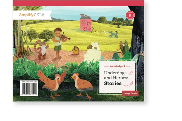 Illustration of a child playing a violin in a forest clearing, surrounded by animals including chickens, a sheep, and a bear. A large pink boot-shaped house is in the background.