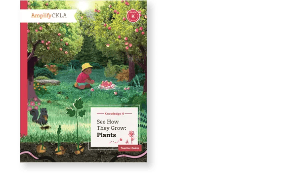 Book cover depicting a child sitting in a garden with trees and plants, picking flowers. The title reads "See How They Grow: Plants.