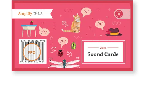Cover of Amplify CKLA Grade K Skills Sound Cards with a bowl, cat, hat, and insects on a pink background. ISBN and barcode displayed.