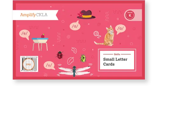 Red educational card cover with "Small Letter Cards" for Grade K. Features illustrations of a cat, insects, table with an apple, and a hat. Speech bubbles showing phonetic sounds.