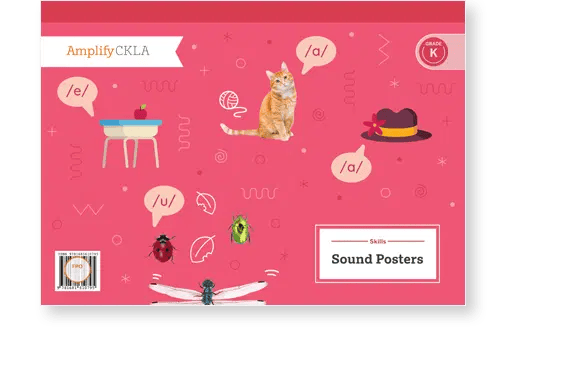 Red educational poster with phonetic symbols. Includes illustrations of a cat, a table with an apple, and insects. Labeled "Amplify CKLA" and "Grade K" with "Skills Sound Posters" at the bottom.