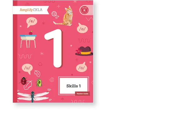 Amplify CKLA Kindergarten Skills 1 Teacher Guide cover with a large number 1, a cat, insects, a hat, a table, and speech sound symbols on a pink background.