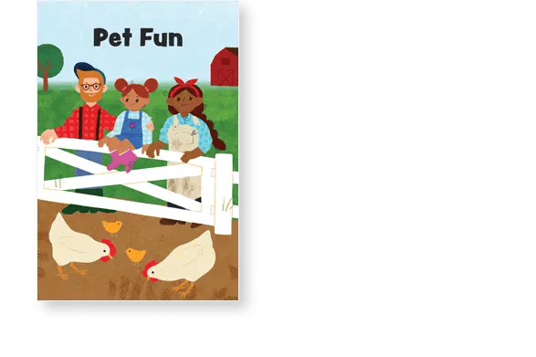 Illustration of three characters standing by a white fence. A man and two dressed animals observe chickens and chicks in the foreground, with a barn and tree in the background.