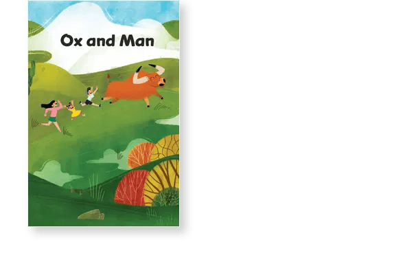 Illustrated book cover titled "Ox and Man" shows an ox and three children running through a colorful landscape with hills and trees under a blue sky with clouds.