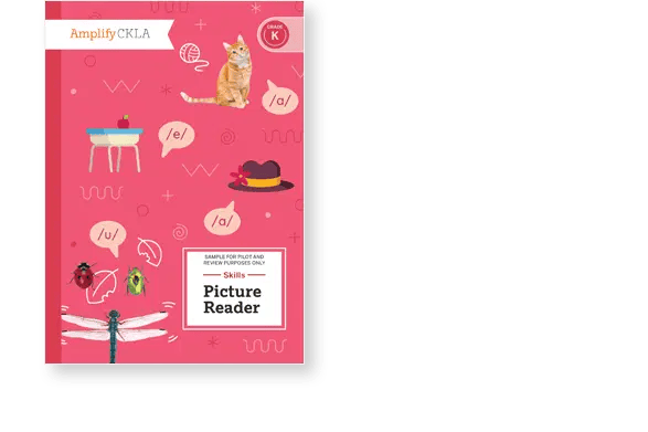 Red book cover titled "Skills Picture Reader." Features illustrations of a cat, table, insects, dragonfly, and a hat with speech bubbles containing vowels. Designed for kindergarten.
