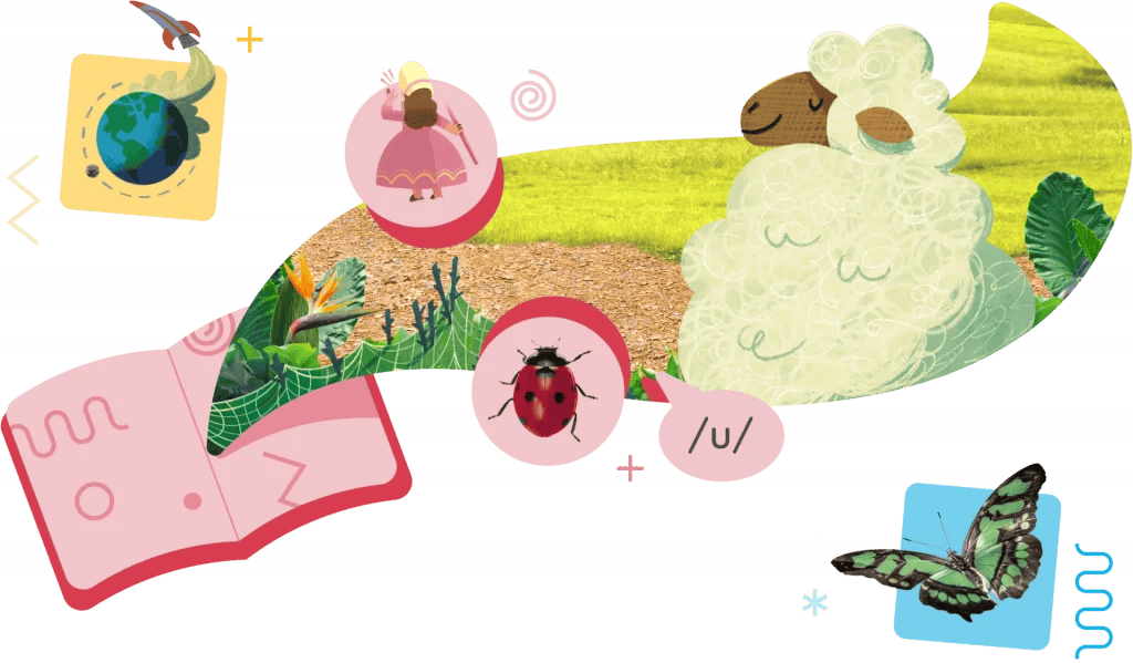 A colorful collage featuring a globe, running sheep, ladybug, butterfly, and a princess against a grassy and book-themed background.