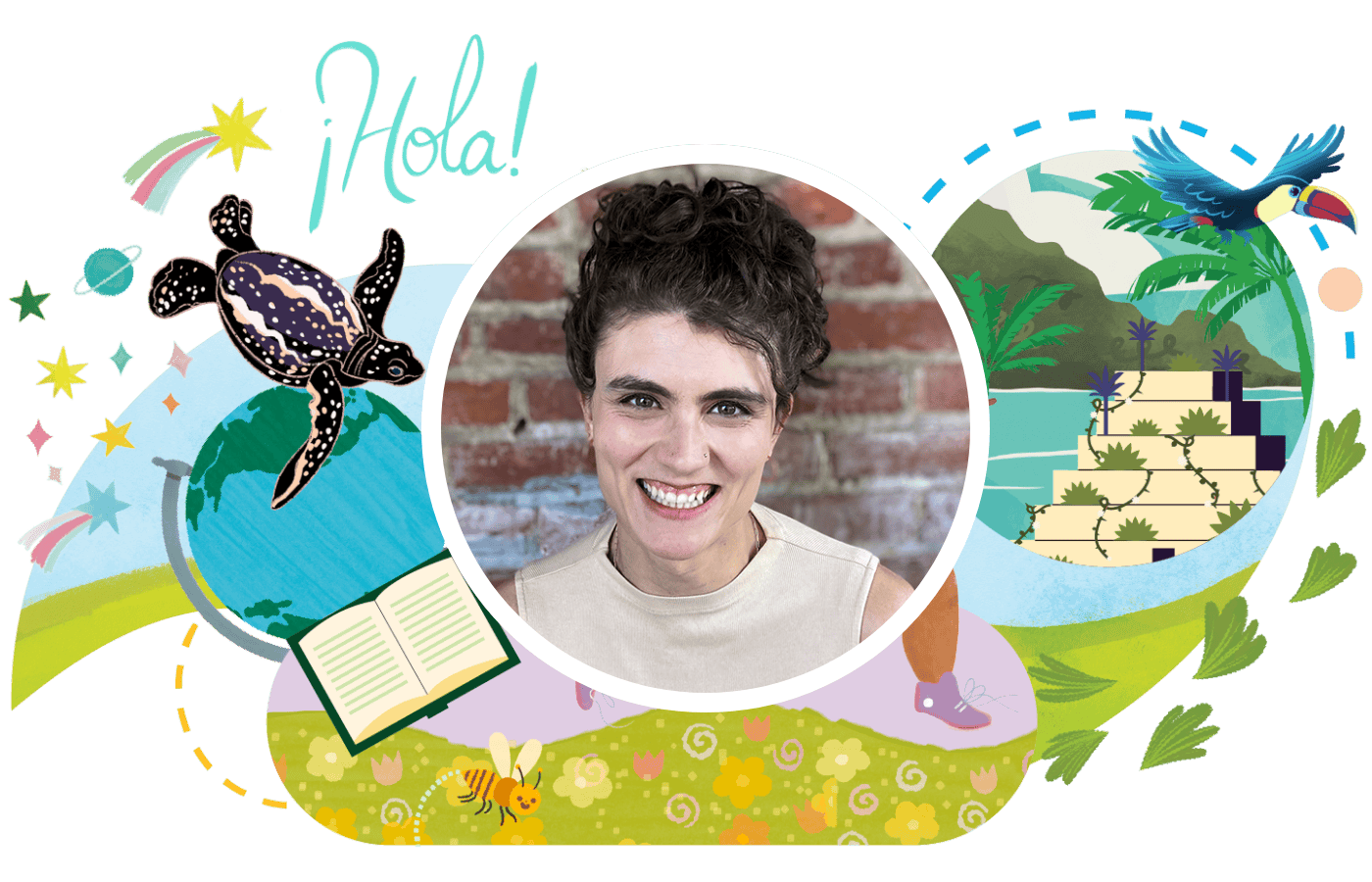 Woman smiling in front of a brick wall, surrounded by colorful illustrations of a turtle, toucan, book, and nature, with the word "¡Hola!" at the top left—celebrating technology in the math classroom and boosting the performance of students.