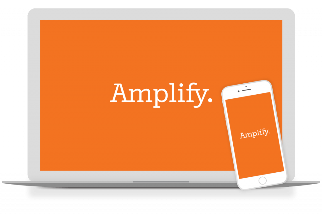 A laptop and a smartphone display an orange screen with the word "Amplify." in white text, highlighting tools that enhance student outcomes.