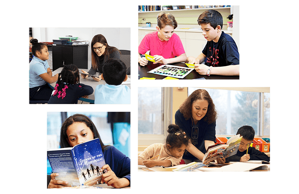 Four images show children reading and doing educational activities with teachers in classroom settings, utilizing a variety of teaching and learning resources.