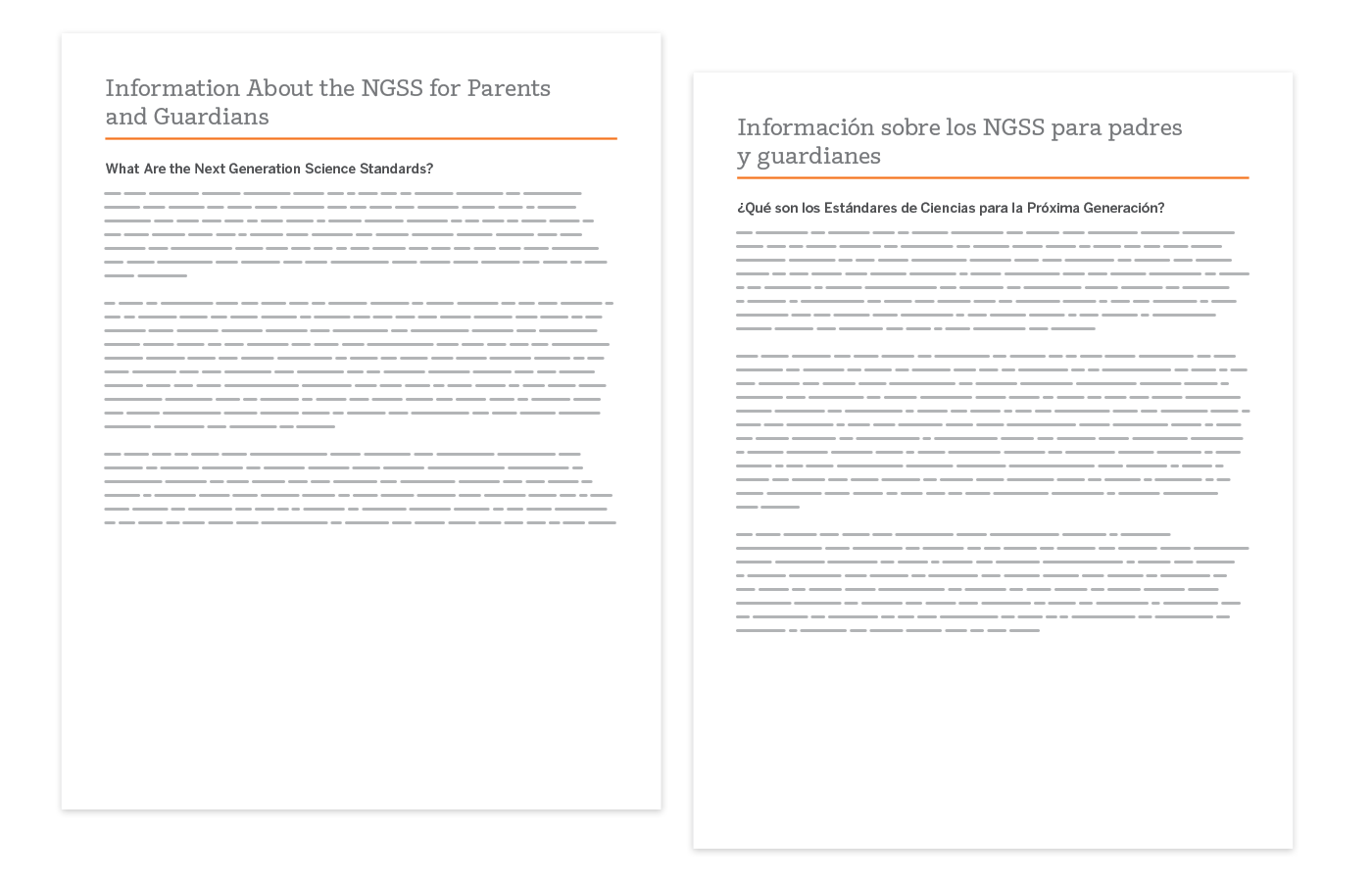 Two documents side by side contain similar information about the NGSS for parents and guardians, one in English and one in Spanish, each with a heading and body text.