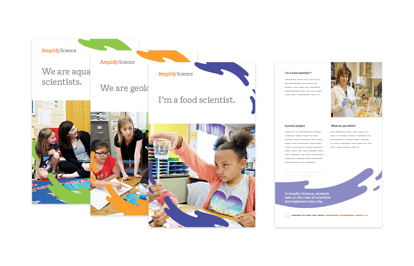 Four educational posters for Amplify Science show students engaging in hands-on science activities and a scientist in a lab coat with worksheets on the right.