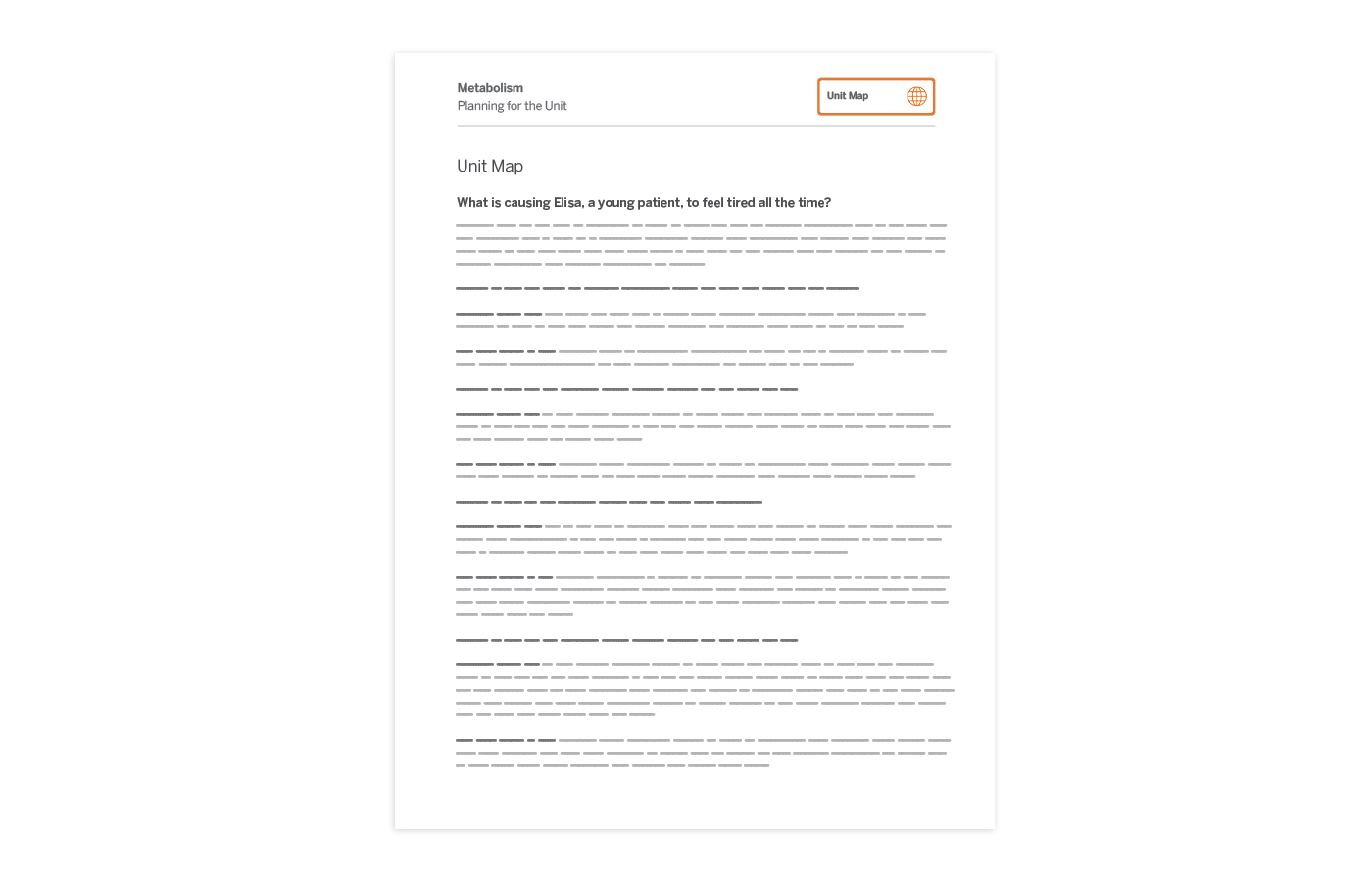 A digital document titled "Unit Map" with the heading "What is causing Elisa, a young patient, to feel tired all the time?" followed by several paragraphs of blurred text.
