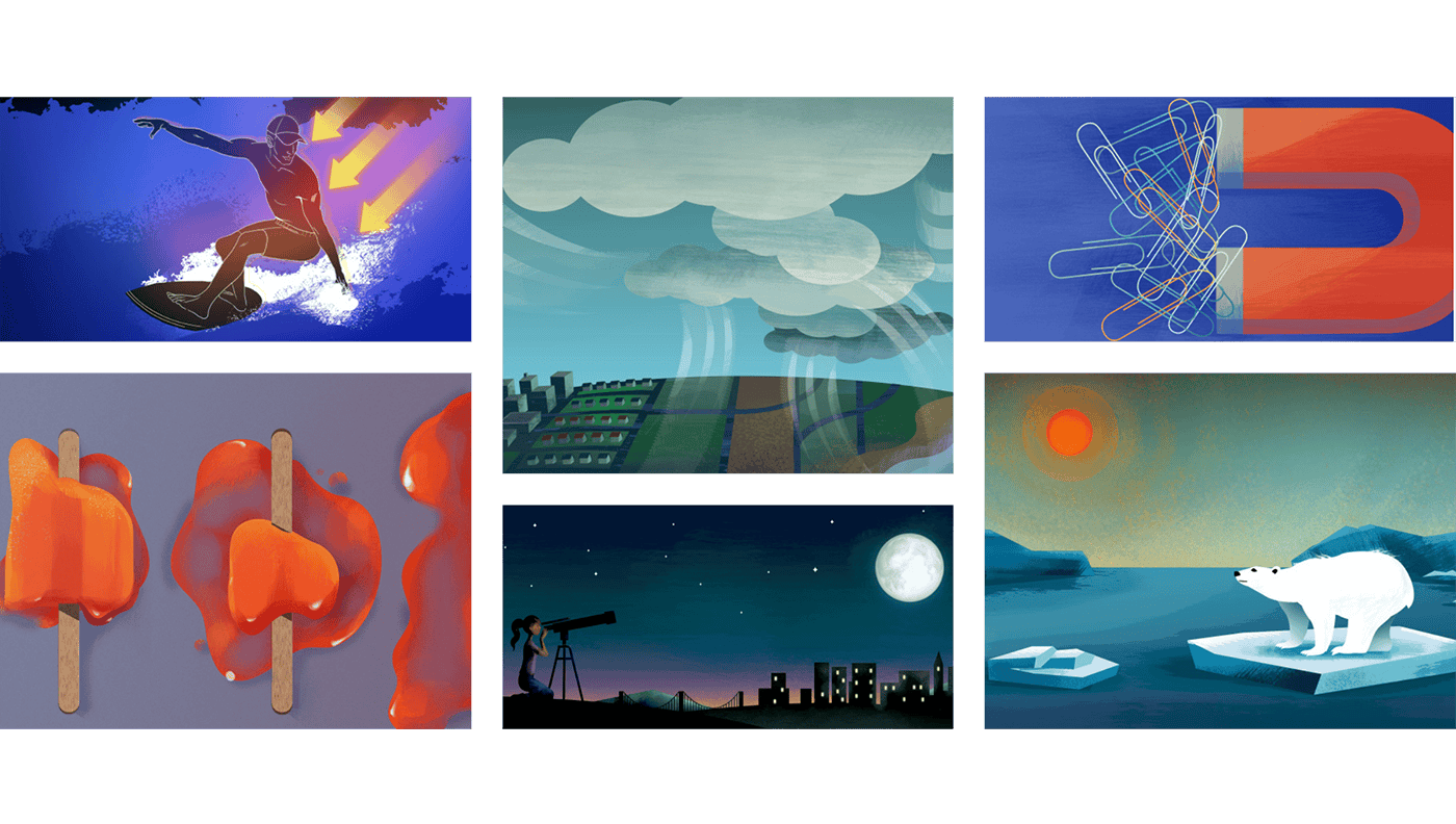 A collage of six illustrations: a snowboarder, abstract clouds, magnetic fields, melting popsicles, a stargazer with telescope, and a polar bear on ice under an orange sun.