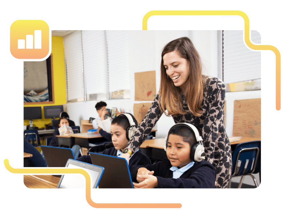 A teacher assists a student wearing headphones at a laptop in a classroom, using math resources for teachers, while other students work at their desks in the background.