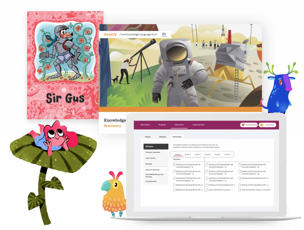 A collage featuring a children's book cover, an astronaut illustration, cartoon animals, and a laptop displaying an educational website.