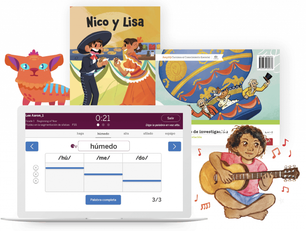 A collage showing children’s books, a drawing of a cat, a child playing guitar, and a laptop screen with a Spanish language learning activity.