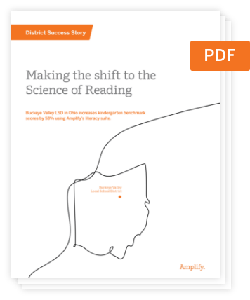 Cover page of a PDF titled "Making the shift to the Science of Reading" by Amplify, featuring an outline of Ohio with highlighted text on literacy improvement.