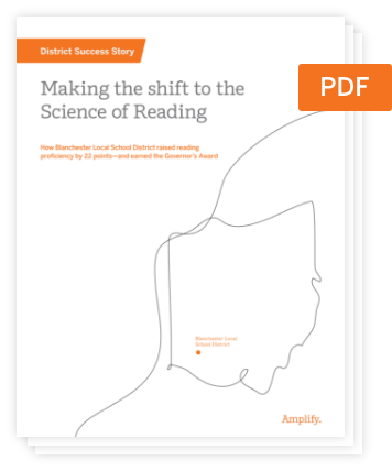 Cover page of a PDF titled "Making the shift to the Science of Reading," featuring an outline of Ohio with text and an orange banner labeled "District Success Story.
