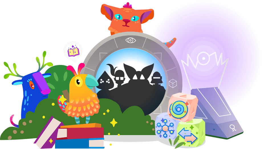Colorful illustration featuring a cat, tropical bird, deer, books to boost reading, cubes, a portal with silhouettes, and abstract purple shapes in the background.