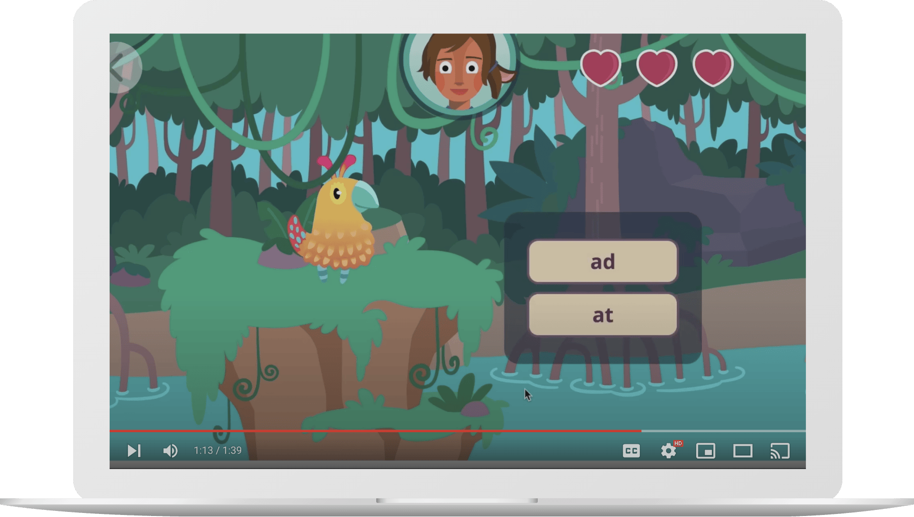 A cartoon bird stands on a cliff in a jungle as part of Boost Reading, with “ad” and “at” text options on screen; a face and three hearts appear in the top right corner.