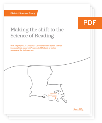 Cover page of a PDF titled “Making the shift to the Science of Reading,” featuring a map of Louisiana and a highlighted section about Lafourche Parish School District’s success.