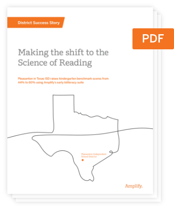 Cover of a PDF titled "Making the shift to the Science of Reading" featuring an outline map of Texas and highlighting Pleasanton Independent School District.