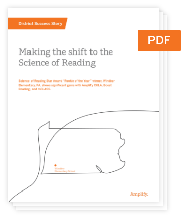 Cover page of a PDF document titled "Making the Shift to the Science of Reading," featuring an outline of Pennsylvania and a labeled location for Woodlen Elementary School, highlighting insights from literacy research.