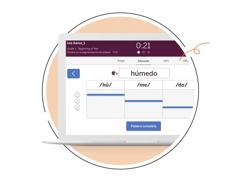 Screenshot of a language learning interface showing a spanish word "húmedo" broken into phonetic parts, with a timer set at 21 seconds.