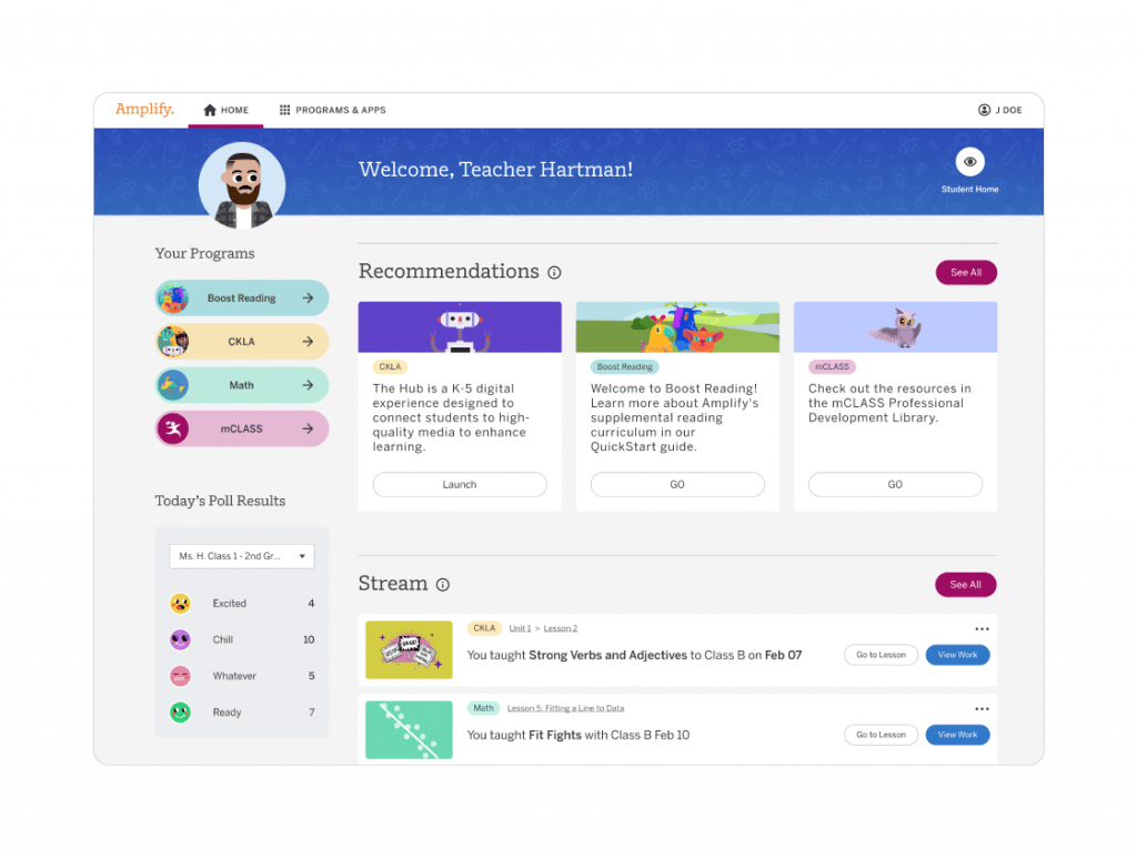 Screenshot of an educational platform's dashboard titled 'welcome, teacher hartman!' featuring options for boost reading, math, and other learning modules.